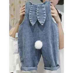 Cute Kids Denim Cargo Pants with Bunny Ear Detail - Stylish Cozy Polyester, Machine Washable, Long Leg Casual Pants for Boys & Girls, Fall Children's Clothing | Lovely Rabbit Ears Design | Polyester