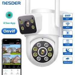 BESDER 8MP Wifi Camera PTZ Dual Screens Outdoor Human Detection Auto Tracking 6MP CCTV Surveillance IP Camera P2P Audio iCSee