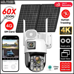 60X Optical Zoom Solar Camera 4K 4G SIM Dual Lens PTZ Human Auto Tracking 10MP CCTV Outdoor Surveillance 31200 Mah 7/24 Hour Cam