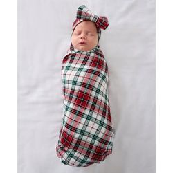 Holly Plaid Swaddle & Luxe Baby Girl Soft & Stretchy Bamboo Bow Headbands Set - OSFA