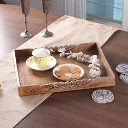 'Baroque-Inspired Hand-Carved Mango Wood Tray in a Small Size'