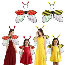 2 Pcs Yellow Bee Red Ladybug Cosplay Wings Halloween Girls Bee Headband Wings Funny Dress Fairy Props Set for Kids Adult