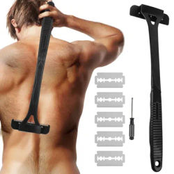 Black Men's Foldable Back Shaver Razor Body Leg Hair Removal Trimmer with Comfortable Handle Shaving Tool for Personal Care