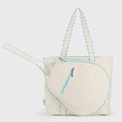 Ame & Lulu Nantucket Tennis Tote Tennis Bags Natural and Light Blue
