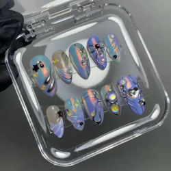 24 pièces faux ongles portables dégradé violet mi-long amande couverture complète ongles conseils arc strass conception faux ongles ensembles fini