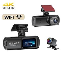Dash cam ad alta definizione 4k anteriore e 1080p posteriore con doppio obiettivo, connettività mobile Wi-Fi, registrazione in loop tramite DVR per auto, dotata di una scheda di memoria da 32 GB.