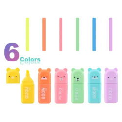 6PCS Cute Bear-Shaped Highlighters Set – Vibrant Pastel Colors, Soft-Tipped & Eye-Friendly for Students, Office Use