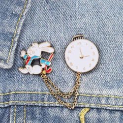 Little Rabbit Clock Shape Badge Creative Cartoon Rabbit Painted Brooch Personalized Clock Chain Brooch Clothing Accessories
