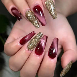 24 pièces rétro violet rouge coulant sable yeux de chat tête carrée presse sur faux ongles or paillettes portable manucure couverture complète ongles conseils