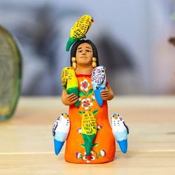 Woman with Parrots,'Ceramic Sculpture of Woman in Mexican Attire with Parrots'