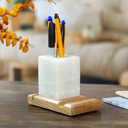 Everything in Place,'Marble Wood Pencil Phone and Card Holder for Office or Home'