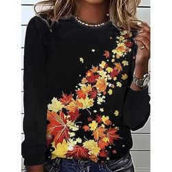 Per donna Maglietta Grafico Piante Vintage Moda Elegante Manica Lunga Girocollo Top Regolari Quotidiano Weekend Stampato Nero Giallo Arancione Estate Primavera Autunno