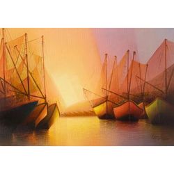 Serene Sunset,'Modern Stretched Seascape Oil Painting of Boats at Sunset'