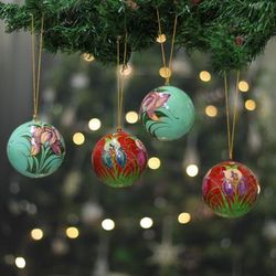 Floral Joy,'4 Floral-Themed Painted Papier Mache Christmas Ornaments'