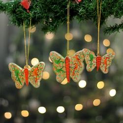 'Butterfly-Themed 3-Piece Wood Ornament Set Painted by Hand'