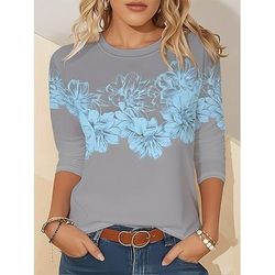 Per donna Maglietta Floreale Grafico Piante Vintage Moda Elegante Manica Lunga Girocollo Top Regolari Quotidiano Weekend Stampato Azzurro Primavera Autunno Inverno