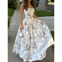 Robe longue de soleil à fleurs pour femmes, Sexy, ajourée, taille haute, bretelles, Maxi, été, jaune, Festival, nouvelle collection 2025