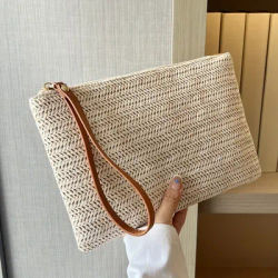 Straw Woven Clutch Bag, Trendy Braided Waist Purse, Women's Zipper Handbags for Phone Coin Key, Lady's Ultra Thin Straw Bag