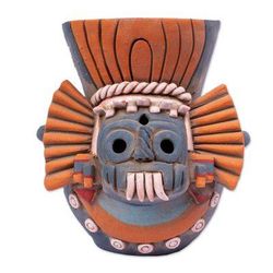 Blue Aztec Rain God,'Signed Ceramic Aztec Tlaloc Replica Vessel'