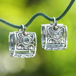 Gracious Garden,'Silver Hoop Earrings with Blue Topaz and 18k Gold Accents'