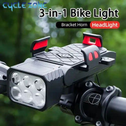 3-in-1 Bicycle Front Light with Horn & Phone Holder 6 LED Bike Light 2400mAh Bike Headlight Flashlight for Night Safety Riding