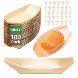 【People Favorite】100 Set Wooden Disposable Food Boats Dessert Plates Food Trays Boat Plates Disposable Plates