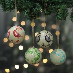'Set of 4 Bird Nature-Themed Papier Mache Christmas Ornaments'