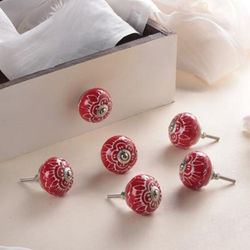 'Hand-Painted Red 6-Piece Floral Ceramic Knob Set from India'