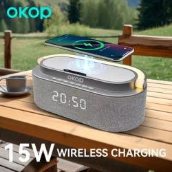 Haut-parleurs Bluetooth OKOP, multifonction 6 en 1, réveil, chargeur sans fil, veilleuse RGB, Audio, haut-parleur portable, bruit blanc