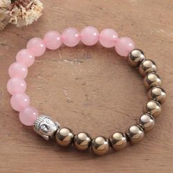 'Buddha-Themed Golden Pyrite and Rose Quartz Beaded Bracelet'