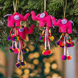 '4-Piece Cotton Blend Elephant Ornament Set in Fuchsia Hues'