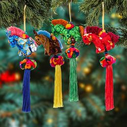 'Embroidered 4-Piece Rayon and Cotton Horse Ornament Set'