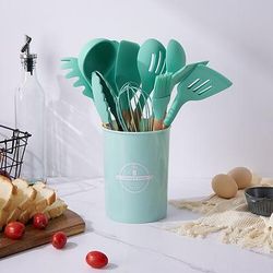 Set di 12 utensili da cucina in silicone, set di posate antiaderenti, utensili da cucina in silicone per uso alimentare, manico in legno, utensili da forno, set di piccole pentole per la cottura in