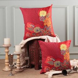 Floral Romance,'2 Red Applique Embroidered Cushion Covers with Hakoba Lace'
