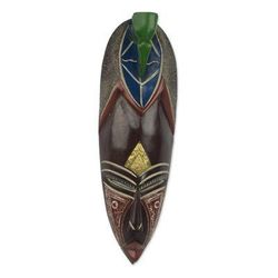 Adi Pa,'Hand Carved African Brass Aluminum Sese Wood Mask from Ghana'