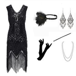 Set Anni Ruggenti Anni 1920 Lunghezza al ginocchio Lunghezza corta Vestito Abito Flapper Abiti con accessori Senza maniche Il grande Gatsby Invitato al matrimonio Paillettes Frangia con nappe