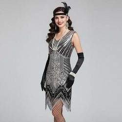 Set Anni Ruggenti Anni 1920 Mini Vestito Abito Flapper Abiti con accessori Senza maniche Il grande Gatsby Taglie Forti Invitato al matrimonio Scollo a V Costume Per donna Carnevale Mascherata Balli