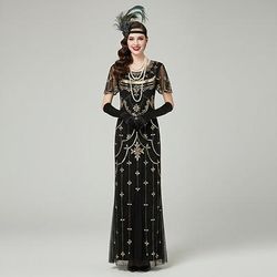 Set Anni Ruggenti Anni 1920 Lunghezza alla caviglia Vestito Abito da sera Abiti con accessori Maniche corte Il grande Gatsby Charleston Invitato al matrimonio Piuma Scollo a V Costume Per donna