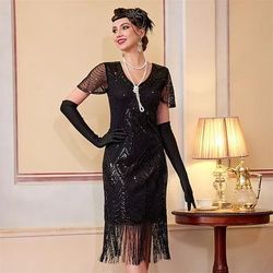 Anni Ruggenti Anni 1920 Lunghezza al ginocchio Abito Flapper Maniche corte Il grande Gatsby Paillettes Frange Scollo a V Costume Per donna Natale Carnevale speakeasy Mascherata Festa a tema retrò