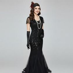 Set Anni Ruggenti Anni 1920 Lunghezza al pavimento Vestito Abito da sera Abiti con accessori Maniche corte Il grande Gatsby Invitato al matrimonio Paillettes Scollo a V Costume Per donna Festa serale