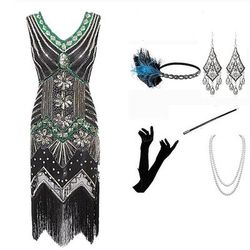 Set Anni Ruggenti Anni 1920 Lunghezza al ginocchio Lunghezza corta Vestito Abito Flapper Abiti con accessori Senza maniche Il grande Gatsby Invitato al matrimonio Paillettes Frangia con nappe