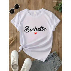T-Shirt décontracté à manches ras du cou pour femmes, texte "Bichette", imprimé graphique de cœur, vert clair, manches d'été, Streetwear Harajuku