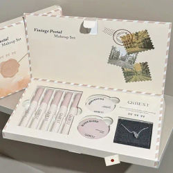 QIBEST Retro Mail Makeup Set 5pc Matte Lip Mud,1 Blush,1 Highlight And 1 Necklace Gift Multipurpose Cosmetics Kits For Women