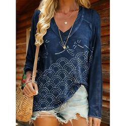 Per donna Maglietta Floreale Grafico Piante Elegante Bohemien Vintage Manica Lunga Scollo a V Top Regolari Quotidiano Uscire Weekend Stampato Blu Verde chiaro Blu turchese Viola Verde Primavera