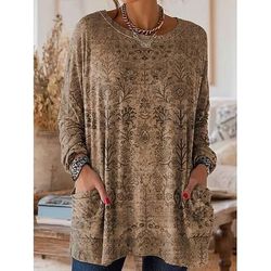 Per donna Maglietta Floreale Grafico Piante Vintage Moda Elegante Manica Lunga Girocollo Top Regolari Quotidiano Uscire Weekend Tasca Stampato Blu Rosso Viola Verde Cachi Primavera Autunno Inverno