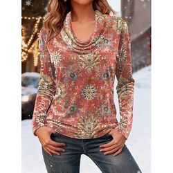 Per donna Tunica Maglietta Grafico Piante Geometria Elegante Vintage Moda Manica Lunga Scollo a Cascata Top Regolari Quotidiano Uscire Weekend Stampato A Strati Blu Viola Arancione Verde Autunno