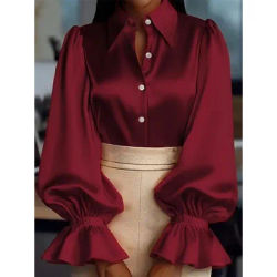 Chemisier élégant en satin avec manches à volants et col boutonné – Haut chic de bureau et tenue décontracté
