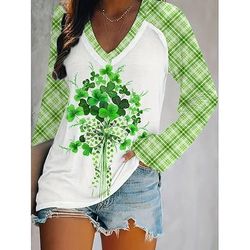 Festa di San Patrizio Per donna Maglietta Grafico Piante Elegante Classico Casual Manica Lunga Scollo a V Top Regolari Quotidiano Uscire Weekend Stampato Bianco Verde scuro Verde Estate Primavera
