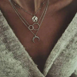 SUMENG 2024 New Fashion Retro Moon World Map Circle Pendant Multilayer Necklace Party Charm Jewelry Accessories For Women Gifts