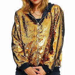 Veste à capuche rouge scintillant avec décoration de paillettes pour femmes, vêtements d'extérieur dorés à la mode avec options argent bleu violet vert